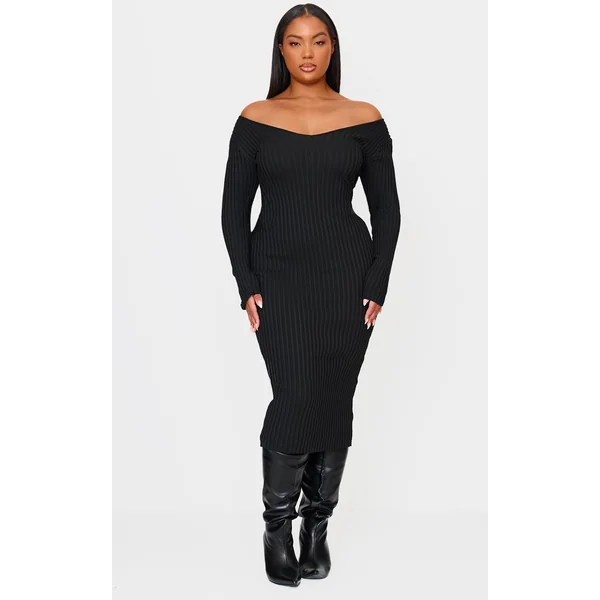 Plus Black Off Shoulder Rib Knitted Midaxi Dress