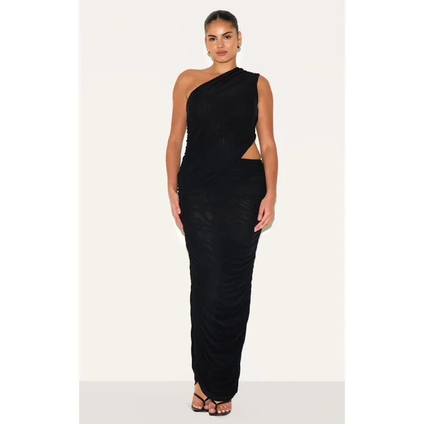Plus Black One Shoulder Ruched Maxi Dress