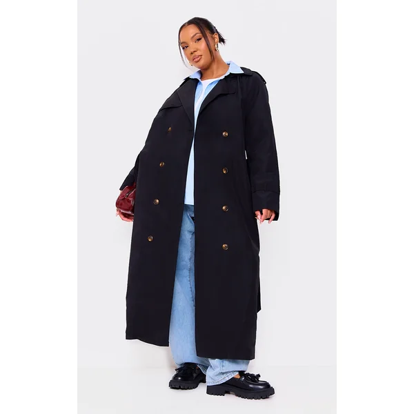 Plus Black Oversized Button Down Trench Coat