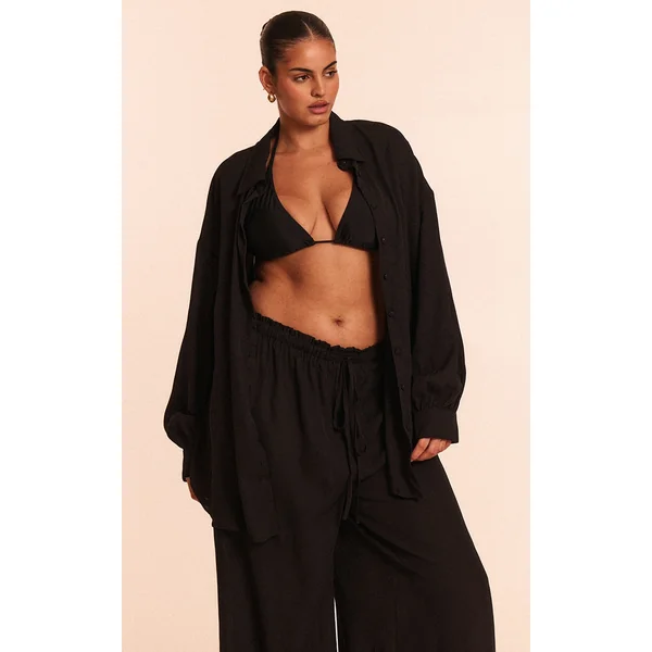 Plus Black Oversized Long Sleeve Beach Shirt