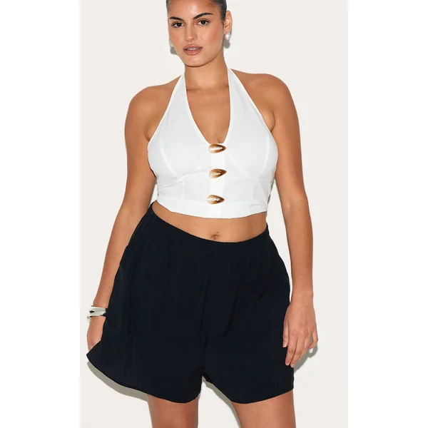 Plus Black Peached Woven Elasticated Waist Shorts