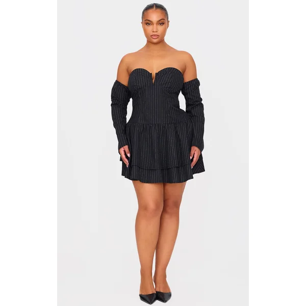 Plus Black Pinstripe Cup Detail Bardot Shift Dress