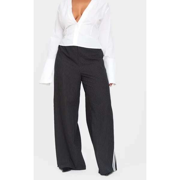 Plus Black Pinstripe Side Stripe Detail Mid Rise Pants