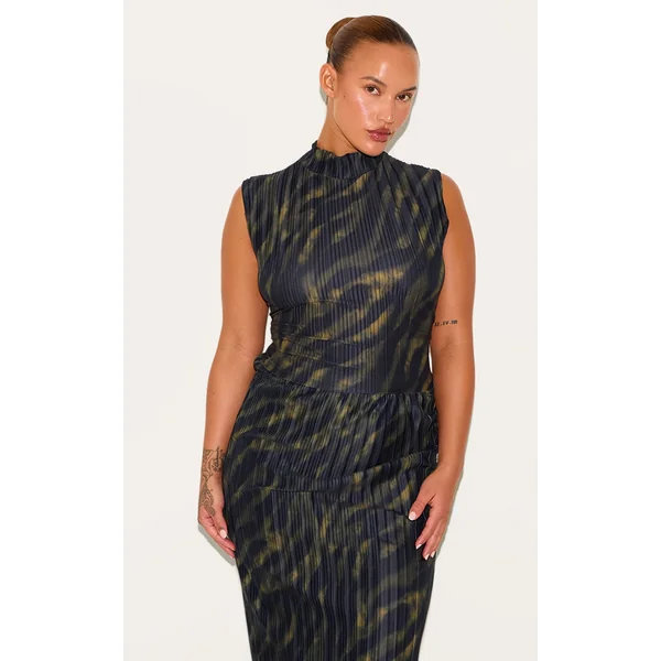 Plus Black Plisse High Neck Top