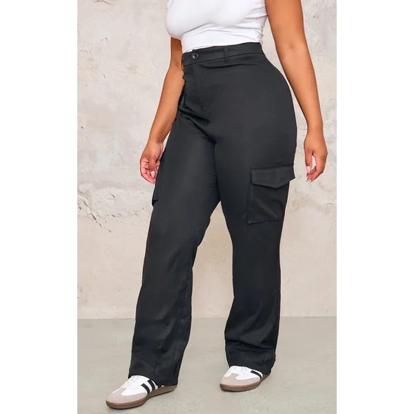 Plus Black Pocket Front Cargo Straight Leg Pants