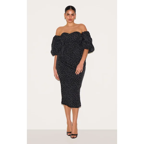 Plus Black Polka Dot Bandeau Puff Sleeve Midi Dress