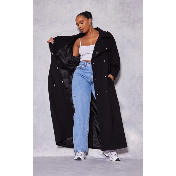 Plus Black Popper Detail Trench Coat