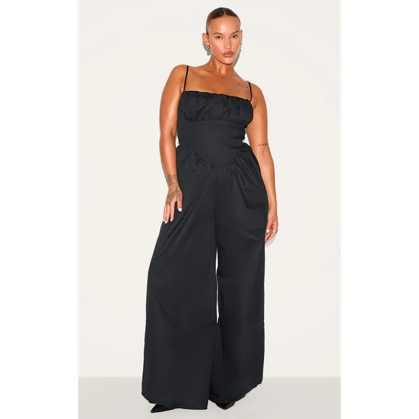 Plus Black Premium Ruched Corset Detail Wide Leg Jumpsuit