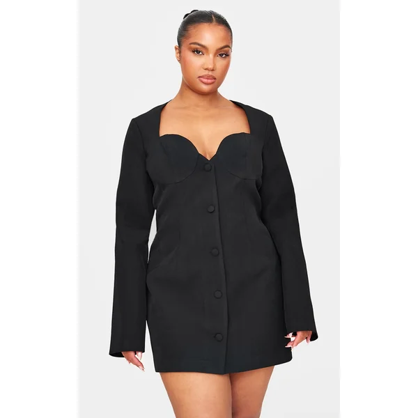 Plus Black Premium Woven Cup Detail Long Sleeve Mini Dress