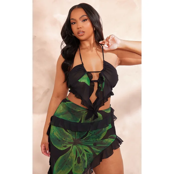 Plus Black Printed Ruffle Detail Halterneck Crop Top