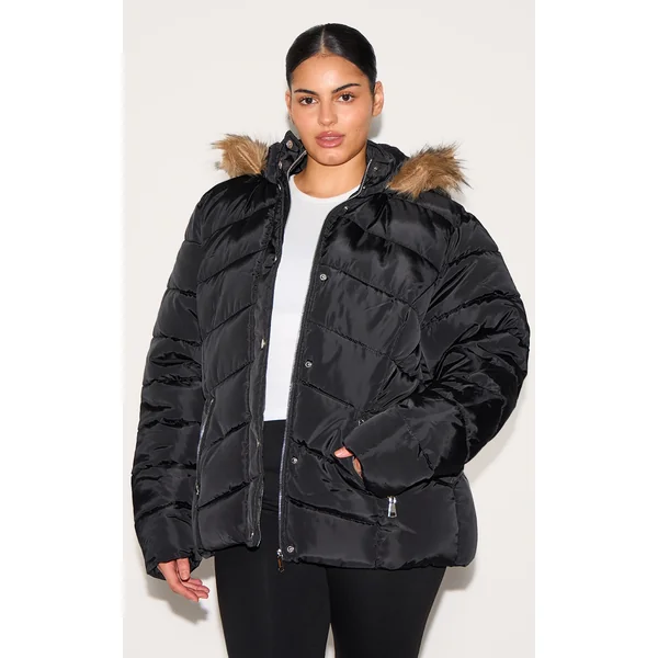 Plus Black Quilted Mara Faux Fur Hooded Puffer Jacket