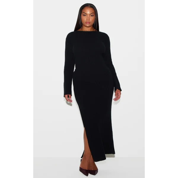 Plus Black Rib Knit Low Back Long Sleeve Maxi Dress