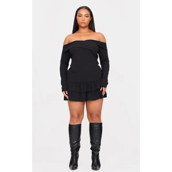 Plus Black Ribbed Bardot Cross Over Bust Detail Shift Dress