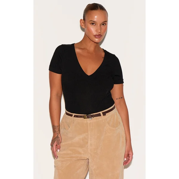 Plus Black Ribbed Plunge Short Sleeve Bodysuit