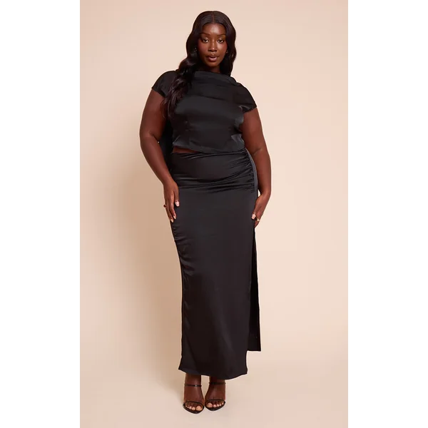 Plus Black Ruched Satin Split Detail Maxi Skirt