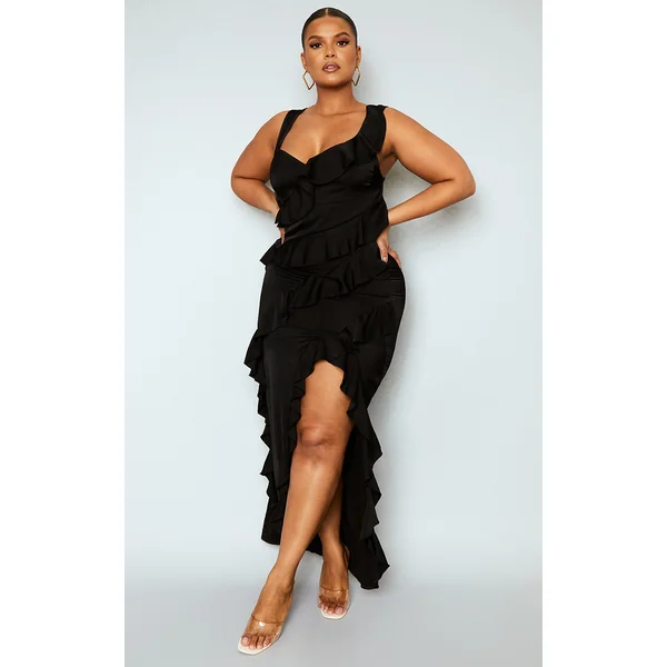 Plus Black Satin Frill Layered Maxi Dress