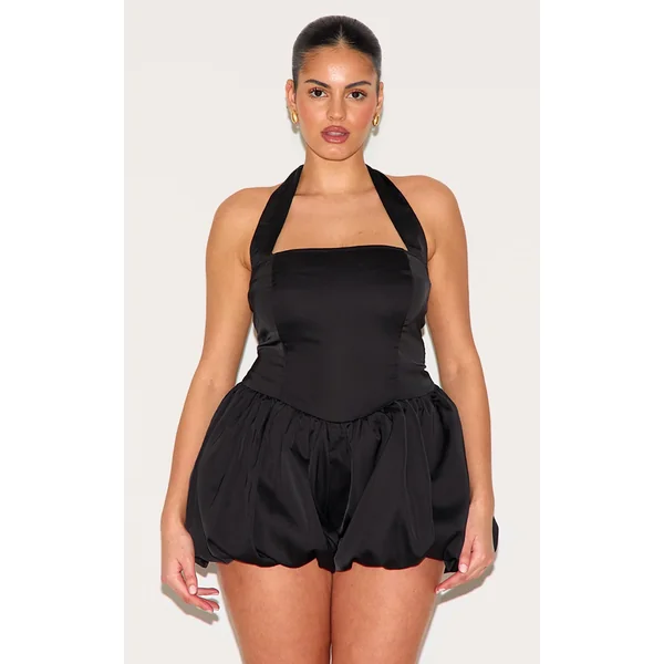 Plus Black Satin Halter Neck Puffball Romper