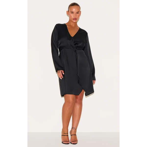 Plus Black Satin Long Sleeve Wrap Dress