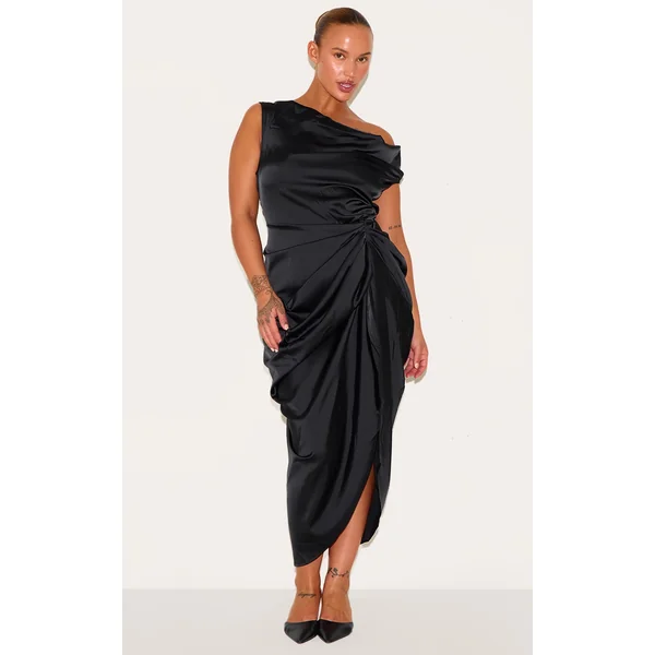 Plus Black Satin Off The Shoulder Draped Skirt Midi Dress