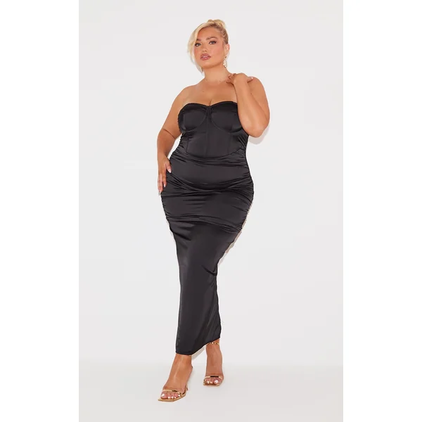 Plus Black Satin Ruched Cupped Maxi Dress