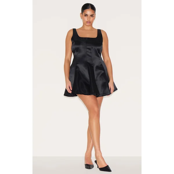 Plus Black Satin Square Neck Pleated Shift Dress