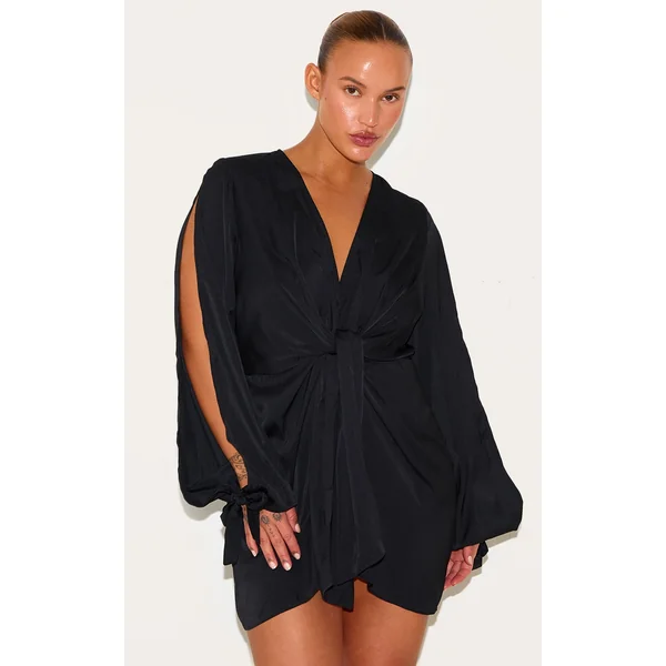 Plus Black Satin Twist Front Open Sleeve Wrap Dress