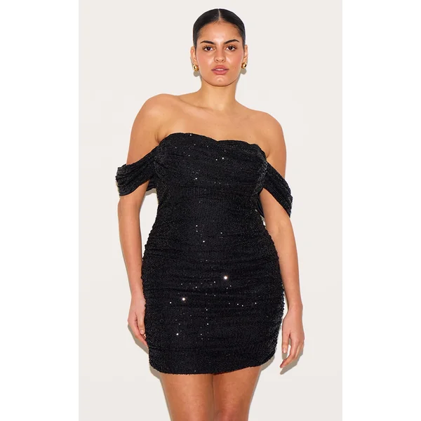 Plus Black Sequin Bardot Bodycon Dress