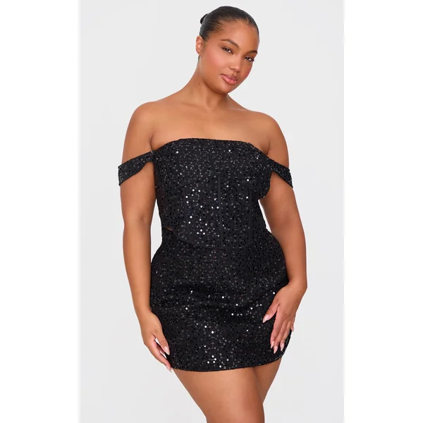 Plus Black Sequin Detail Crop Top