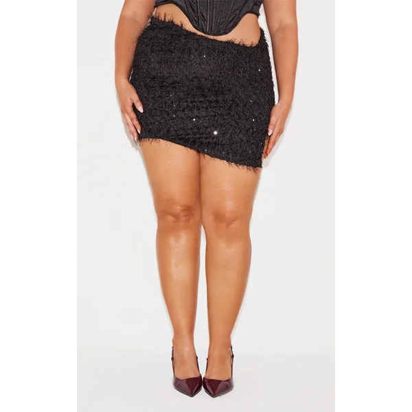 Plus Black Sequin Feather Asymmetric Mini Skirt