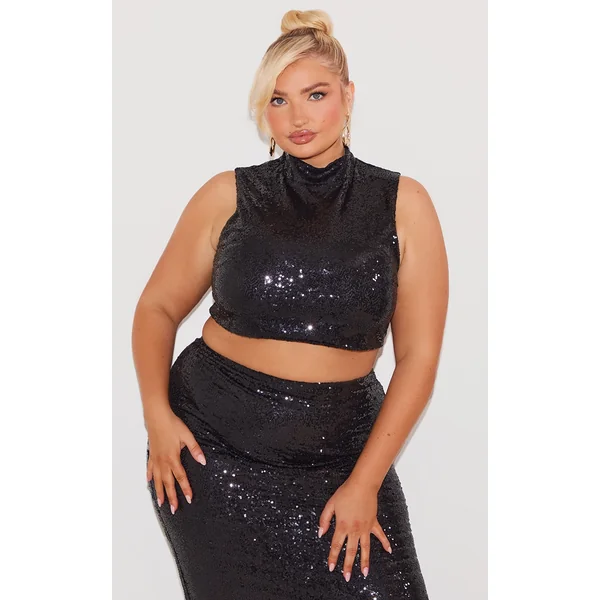 Plus Black Sequin High Neck Crop Top