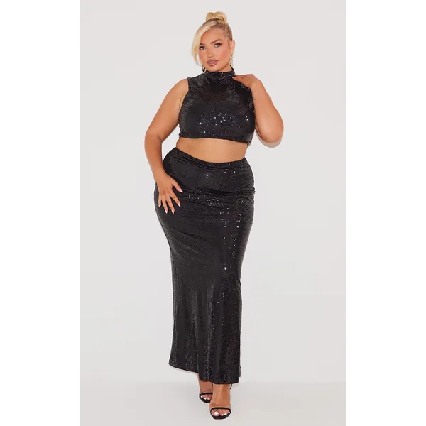 Plus Black Sequin High Waist Maxi Skirt