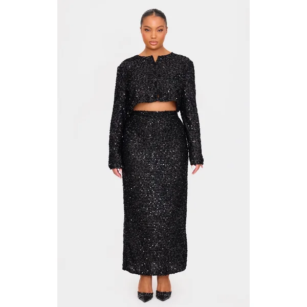 Plus Black Sequin Maxi Skirt
