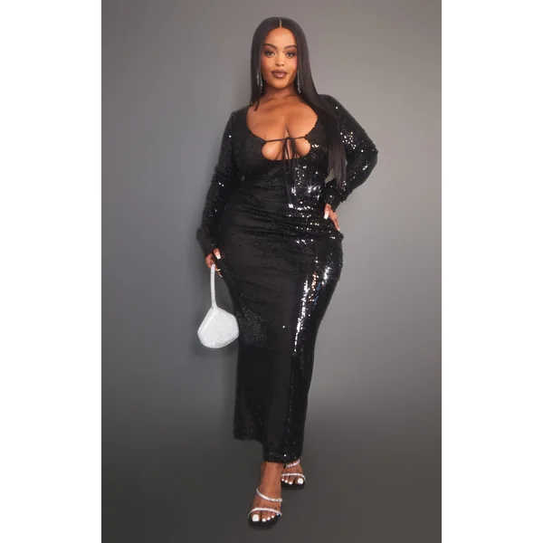 Plus Black Sequin Tie Front Maxi Dress