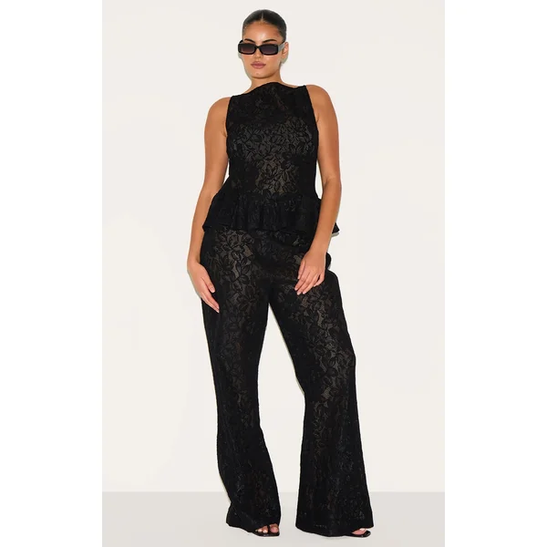Plus Black Sheer Lace Flared Leg Pant