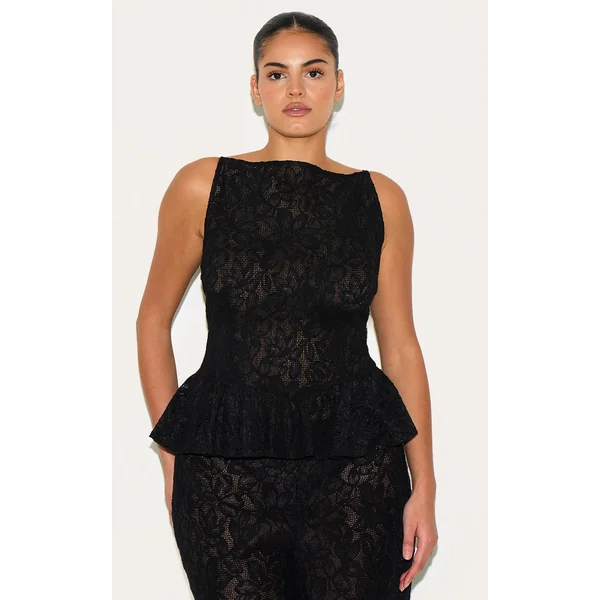 Plus Black Sheer Lace Peplum Sleeveless Top