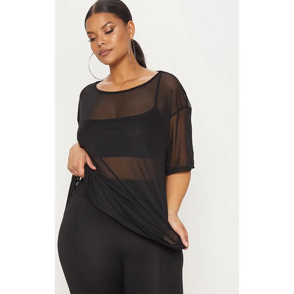 Plus Black Sheer Mesh Oversized T-Shirt