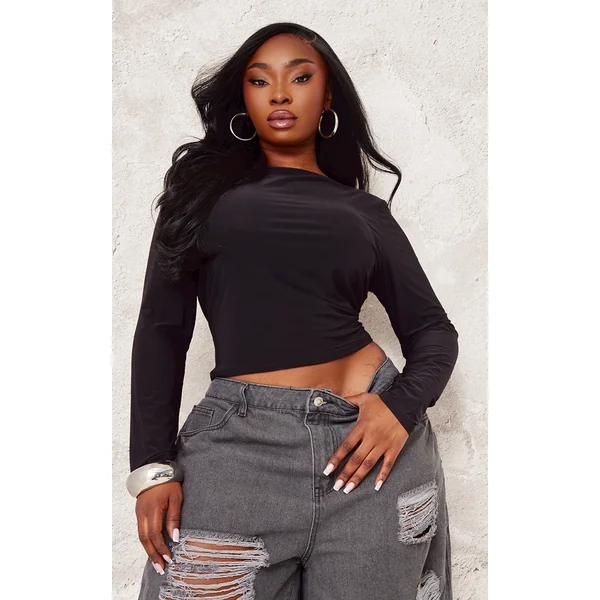 Plus Black Slash Neck Slinky Top