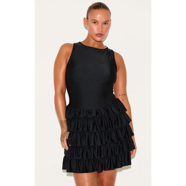 Plus Black Slinky Frill Hem Micro Mini Dress