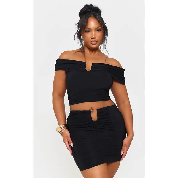 Plus Black Slinky Gold Trim Detail Bardot Top