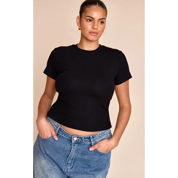 Plus Black Soft Rib Crew Neck Short Sleeve Top