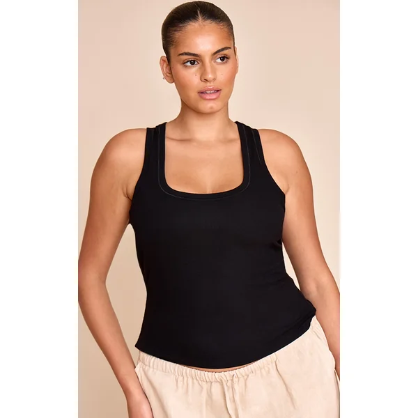 Plus Black Soft Rib Scoop Neck Vest Top