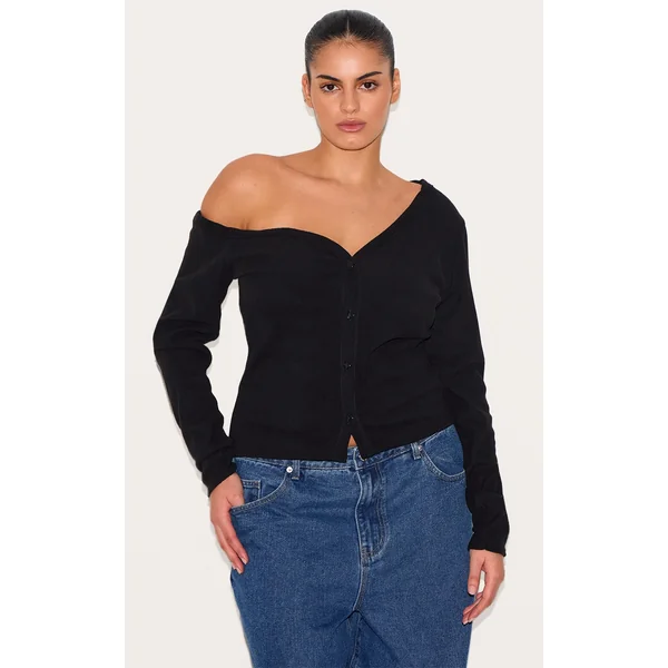 Plus Black Soft Touch Rib Asymmetric Detail Long Sleeve Top
