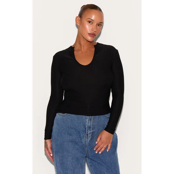 Plus Black Soft Touch V Neck Long Sleeve Top