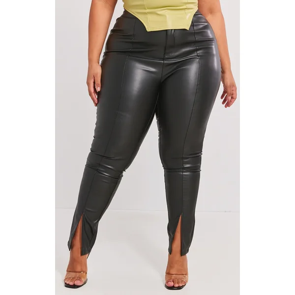 Plus Black Split Hem Faux Leather Skinny Pants