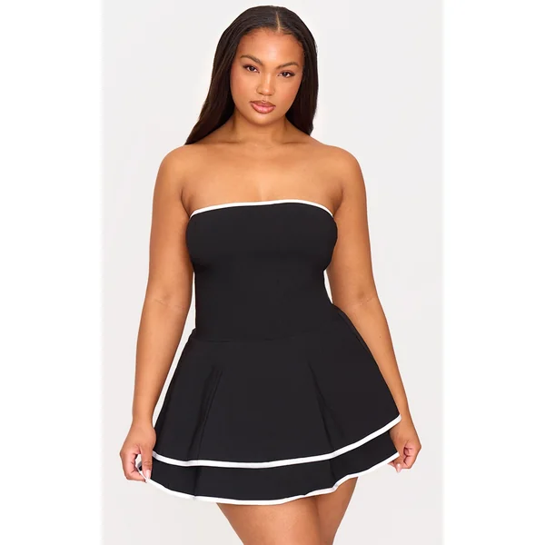 Plus Black Stretch Woven Contrast Tiered Shift Dress
