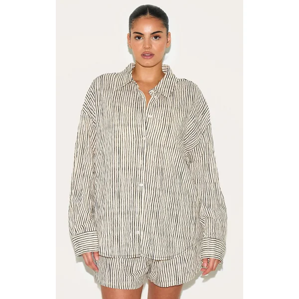 Plus Black Striped Linen Long Sleeve Shirt