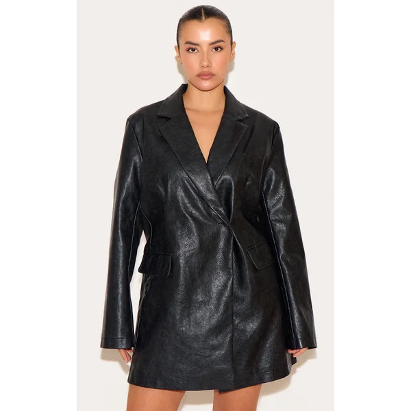 Plus Black Structured Leather Blazer Dress