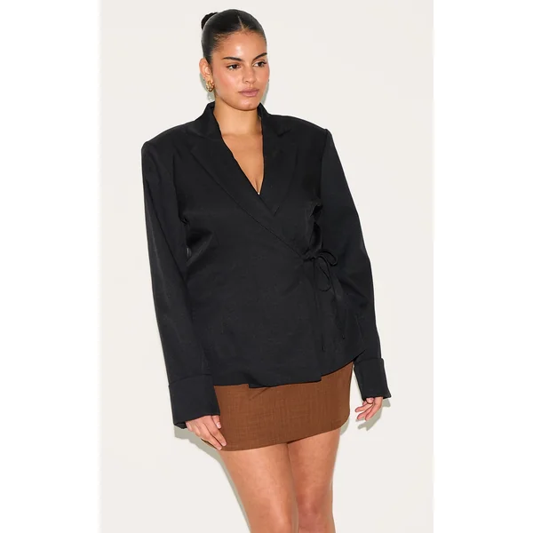 Plus Black Super Boxy Tie Side Blazer