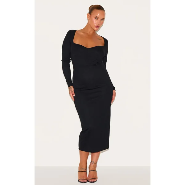 Plus Black Sweetheart Neck Long Sleeve Midi Dress