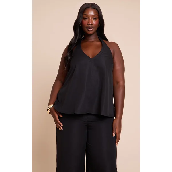 Plus Black Tailored Halter Frill Detail Top